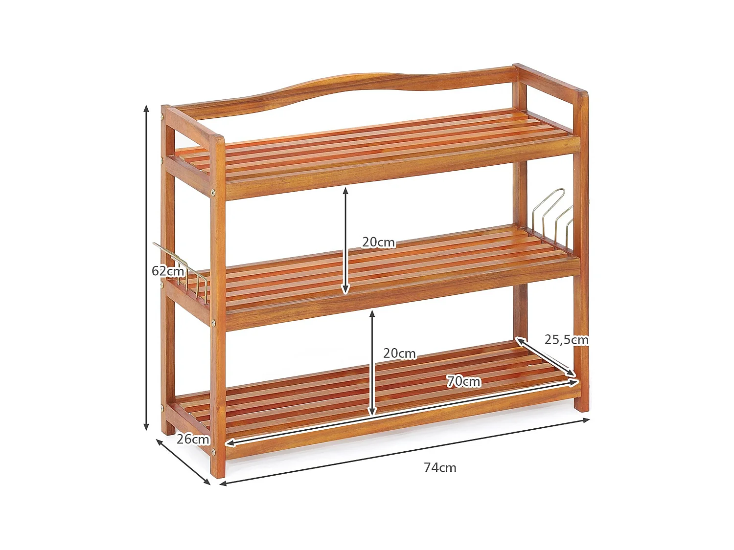 Étagère à chaussures en acacia à 3 niveaux avec crochets latéraux en métal Rangement pour chaussures Retient jusqu'à 12-18 paires