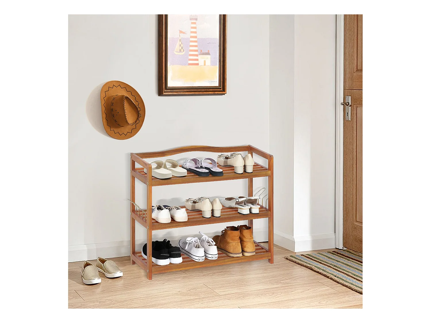 Étagère à chaussures en acacia à 3 niveaux avec crochets latéraux en métal Rangement pour chaussures Retient jusqu'à 12-18 paires