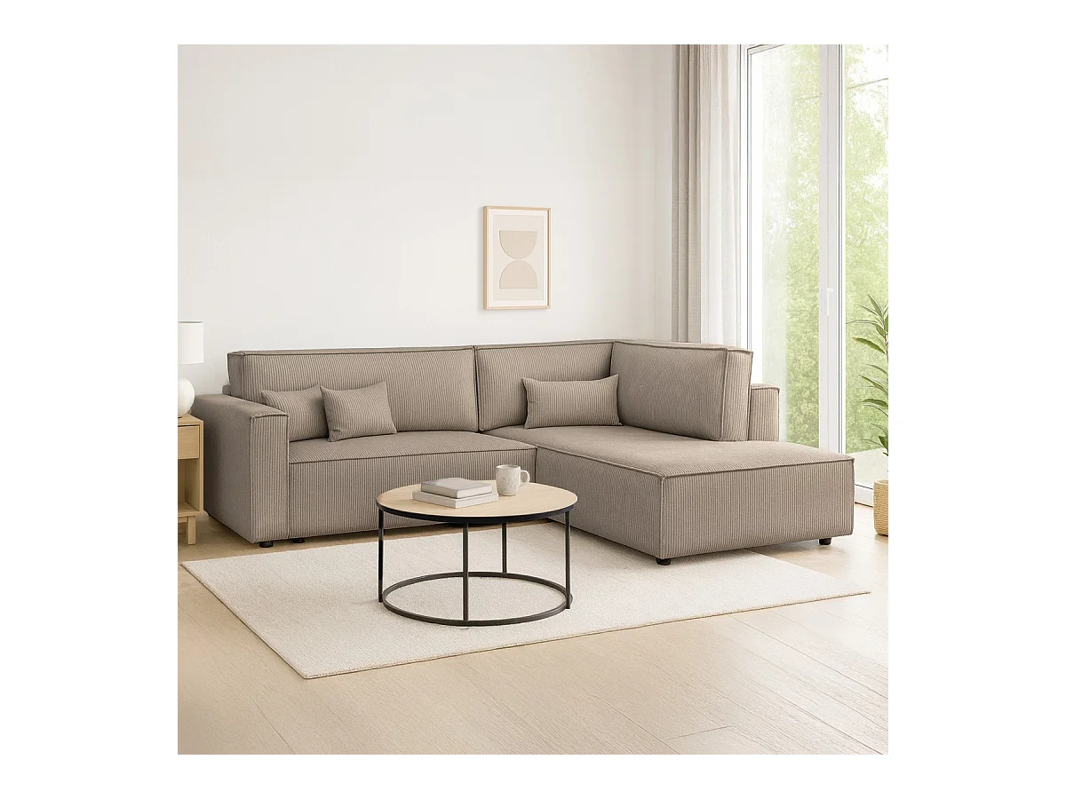Canapé d'angle ouvert à droite convertible 3 places en velours côtelé taupe - Emma