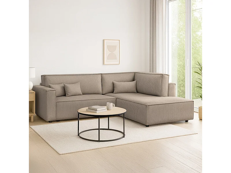 Canapé d'angle ouvert à droite convertible 3 places en velours côtelé taupe - Emma