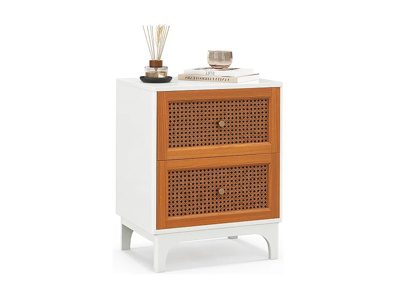 Nachttisch Rattan Nachtschrank mit 2 Schubladen Beistelltisch mit Massivholzbeinen 46 x 33 x 59,5 cm Weiß + Braun