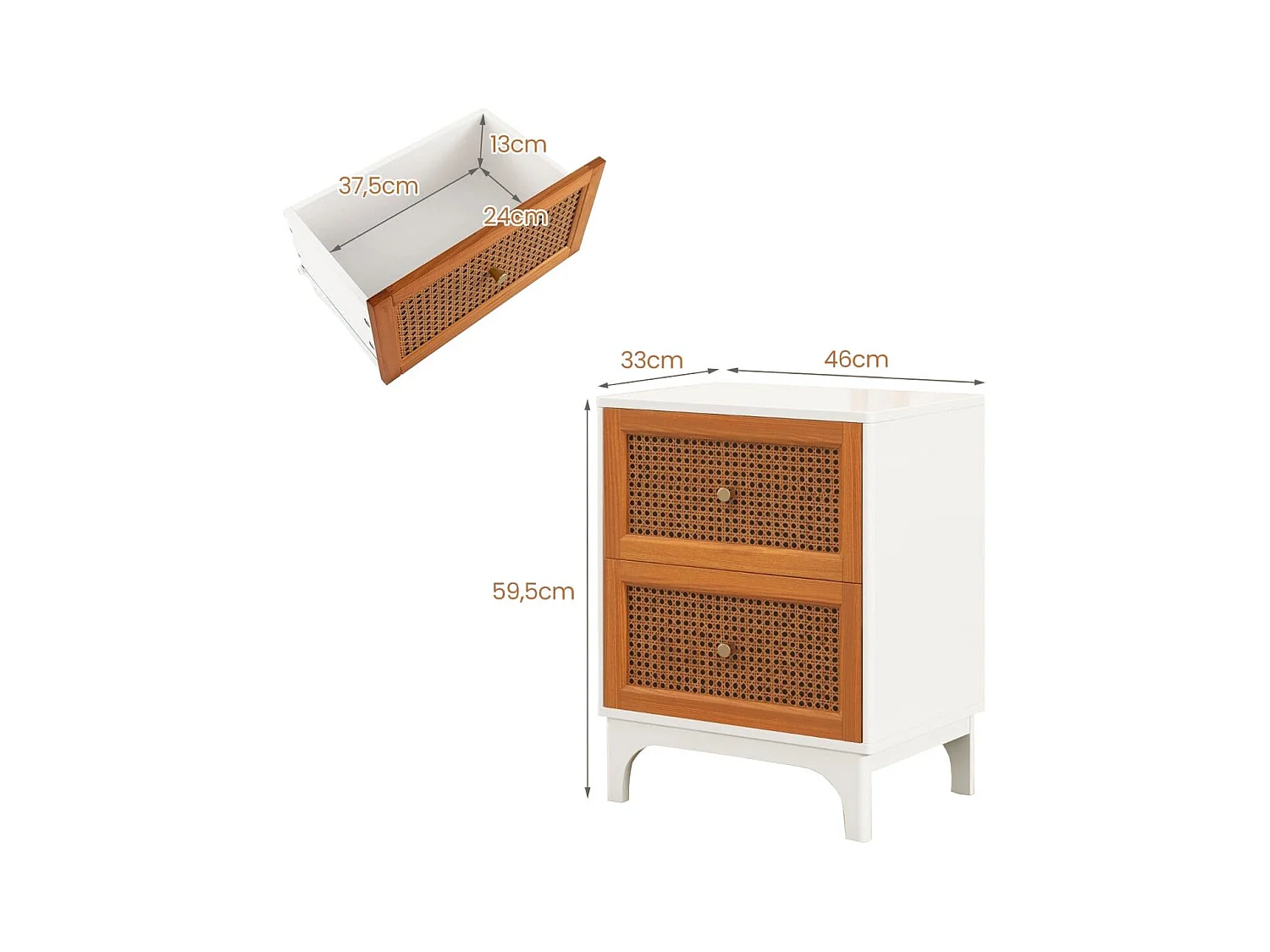 Table de Chevet en Rotin Naturel Table d'Appoint Bohème avec 2 Tiroirs Décorés en Rotin Tissé à la Main Table de Nuit avec Pieds Blanc