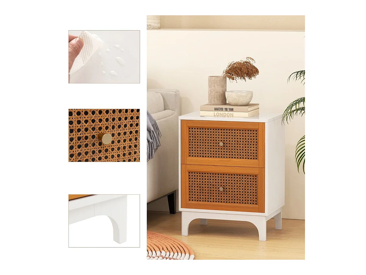 Table de Chevet en Rotin Naturel Table d'Appoint Bohème avec 2 Tiroirs Décorés en Rotin Tissé à la Main Table de Nuit avec Pieds Blanc