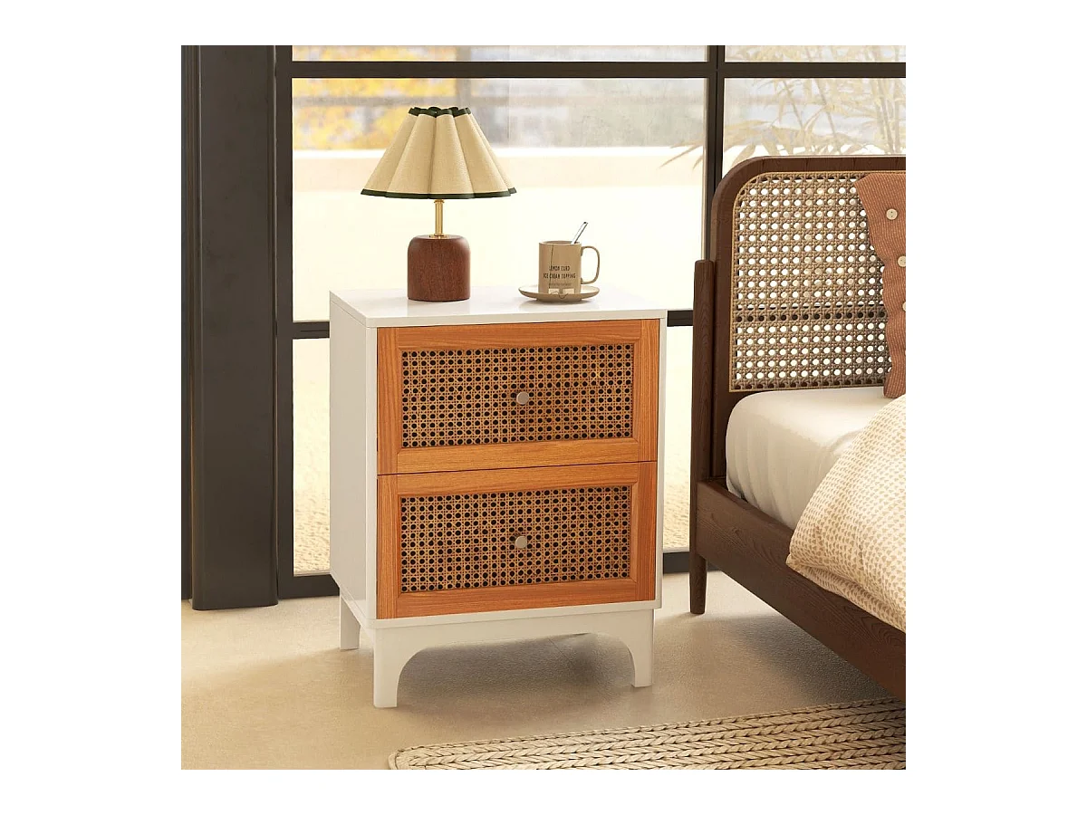 Table de Chevet en Rotin Naturel Table d'Appoint Bohème avec 2 Tiroirs Décorés en Rotin Tissé à la Main Table de Nuit avec Pieds Blanc