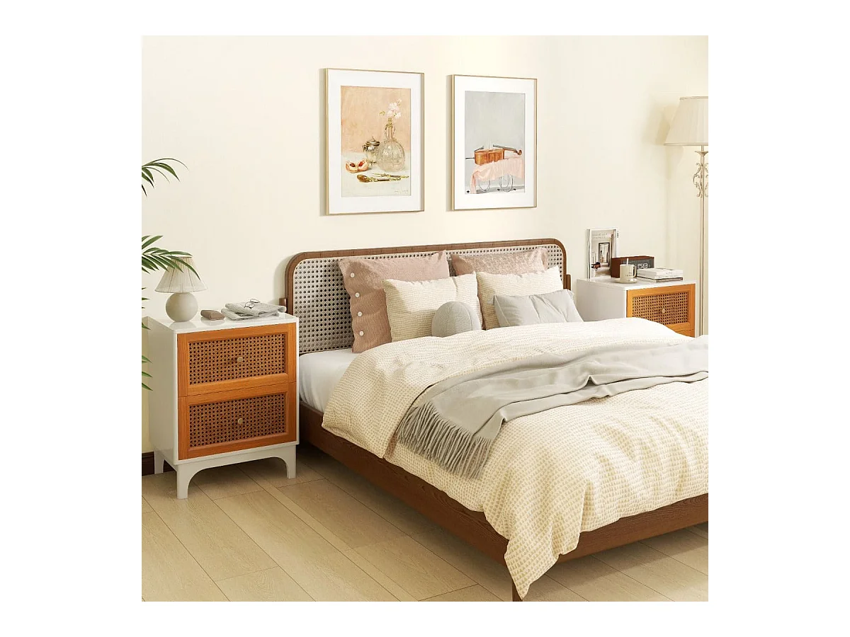 Table de Chevet en Rotin Naturel Table d'Appoint Bohème avec 2 Tiroirs Décorés en Rotin Tissé à la Main Table de Nuit avec Pieds Blanc