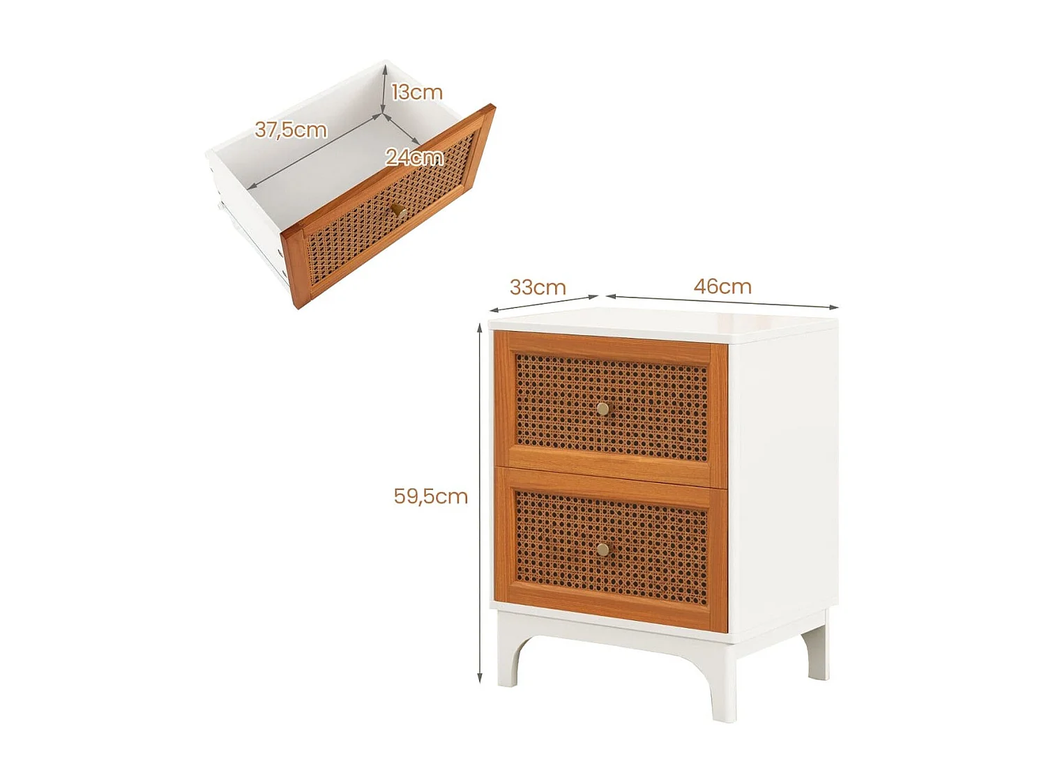 Table de Chevet en Rotin Naturel Table d'Appoint Bohème avec 2 Tiroirs Décorés en Rotin Tissé à la Main Table de Nuit avec Pieds Blanc