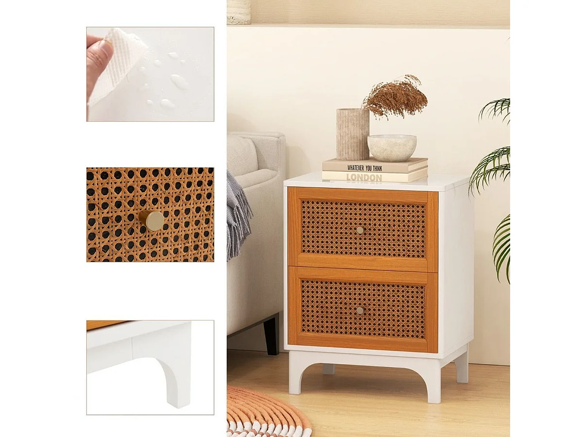 Table de Chevet en Rotin Naturel Table d'Appoint Bohème avec 2 Tiroirs Décorés en Rotin Tissé à la Main Table de Nuit avec Pieds Blanc