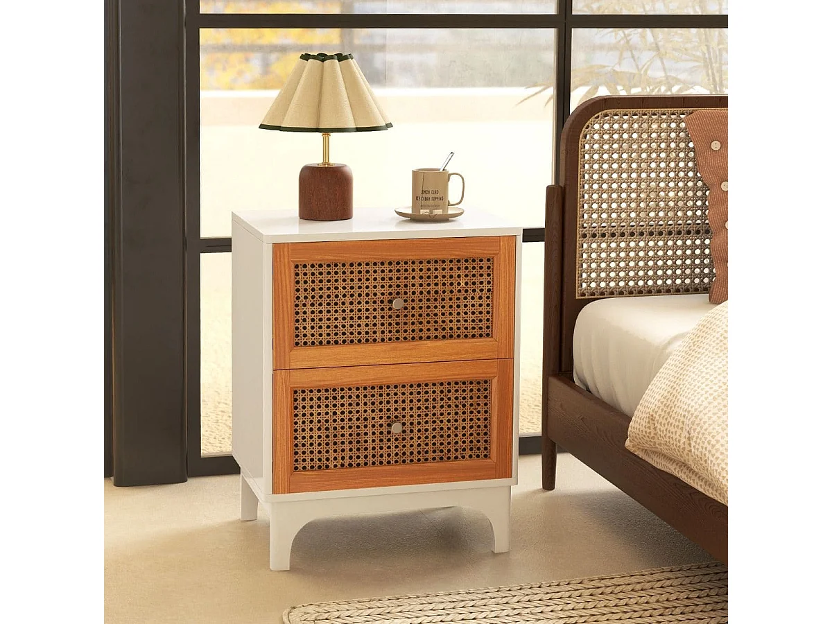 Table de Chevet en Rotin Naturel Table d'Appoint Bohème avec 2 Tiroirs Décorés en Rotin Tissé à la Main Table de Nuit avec Pieds Blanc