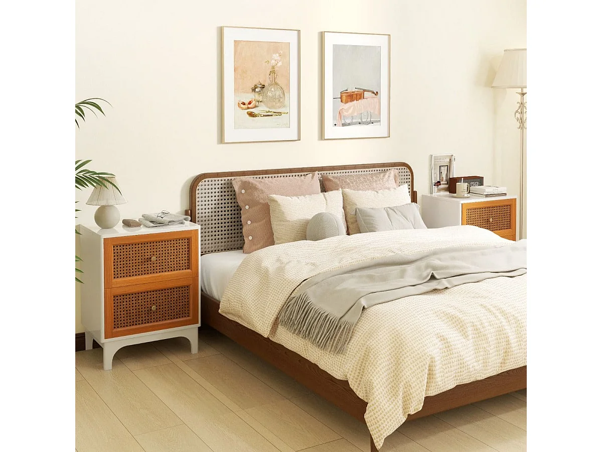 Table de Chevet en Rotin Naturel Table d'Appoint Bohème avec 2 Tiroirs Décorés en Rotin Tissé à la Main Table de Nuit avec Pieds Blanc