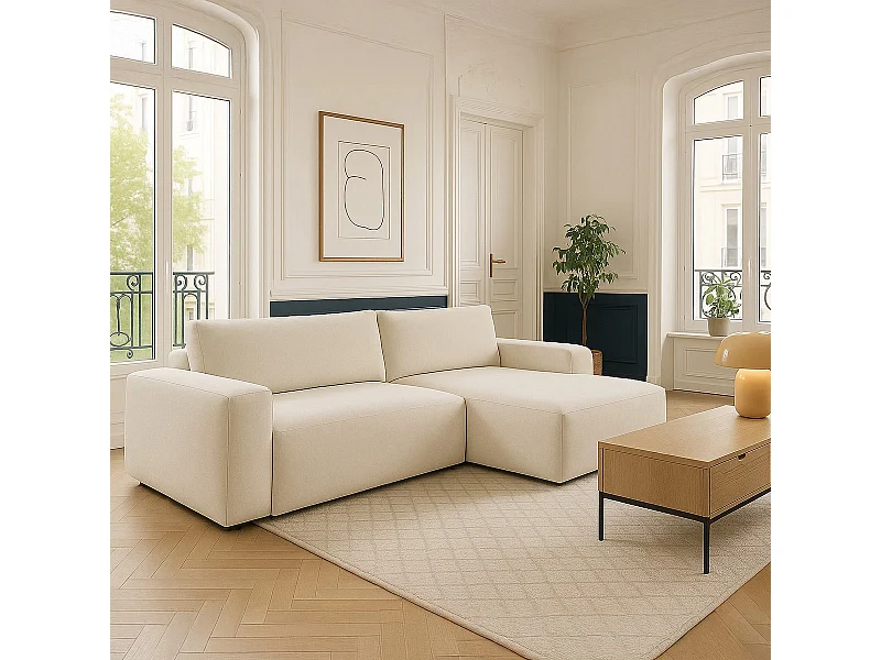 Canapé d'angle droit convertible 3 places en tissu chenille beige - Sonny