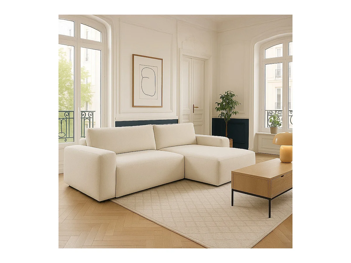 Canapé d'angle droit convertible 3 places en tissu chenille beige - Sonny