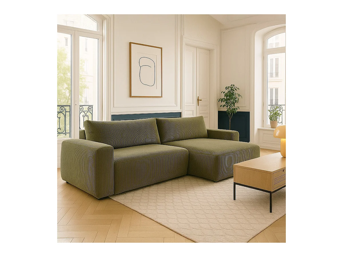 Canapé d'angle droit convertible 3 places en velours côtelé vert kaki - Sonny