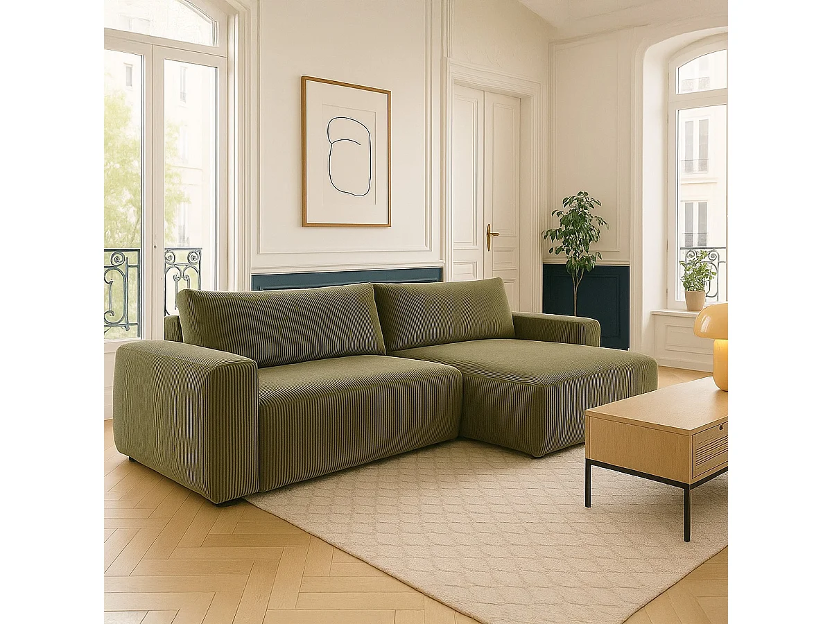 Canapé d'angle droit convertible 3 places en velours côtelé vert kaki - Sonny
