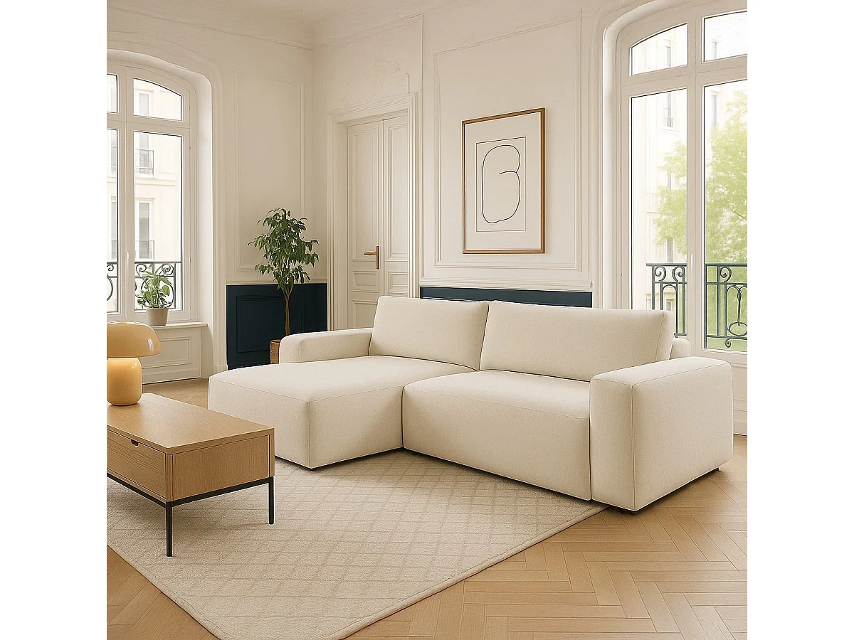 Canapé d'angle gauche convertible 3 places en tissu chenille beige - Sonny