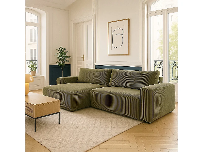 Canapé d'angle gauche convertible 3 places en velours côtelé vert kaki - Sonny