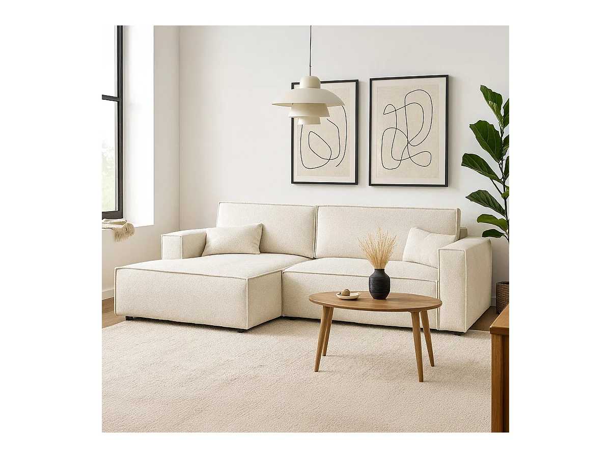 Canapé d'angle à gauche convertible 3 places en tissu bouclé beige - Asti