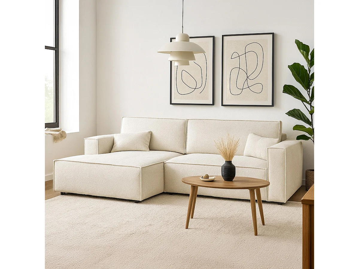 Canapé d'angle à gauche convertible 3 places en tissu bouclé beige - Asti