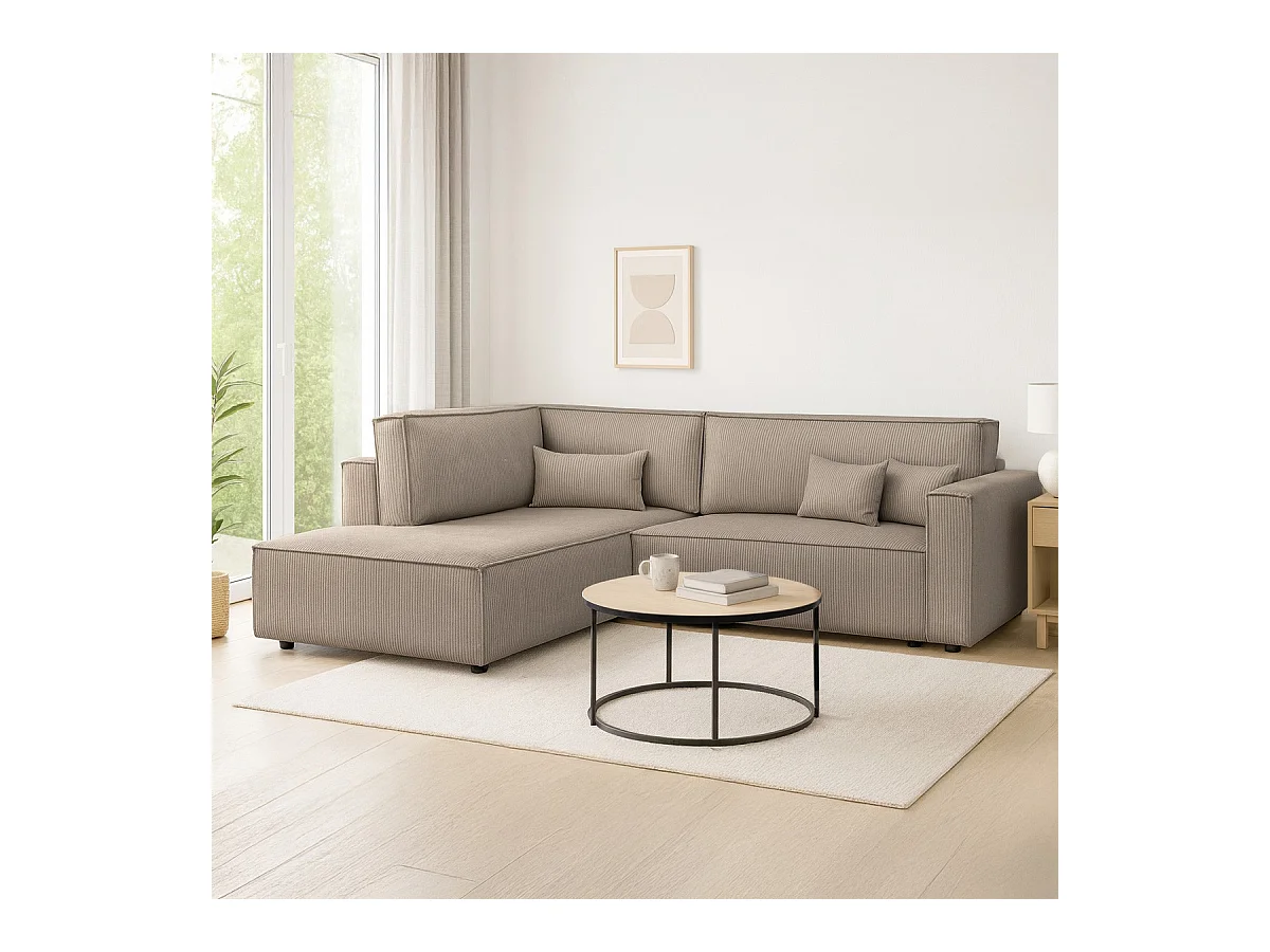 Canapé d'angle ouvert à gauche convertible 3 places en velours côtelé taupe - Emma