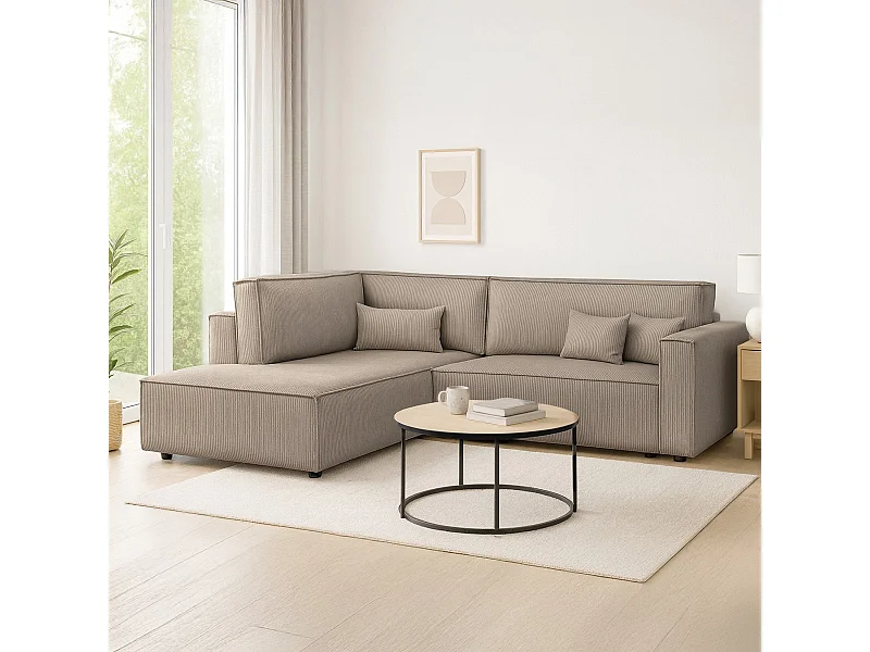 Canapé d'angle ouvert à gauche convertible 3 places en velours côtelé taupe - Emma
