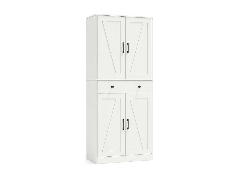Meuble de Cuisine Haut de 183 cm Armoire Moderne avec 4 Portes de Grange Tiroir 3 Étagères Ajustables 2 Kits Anti-Basculement Blanc