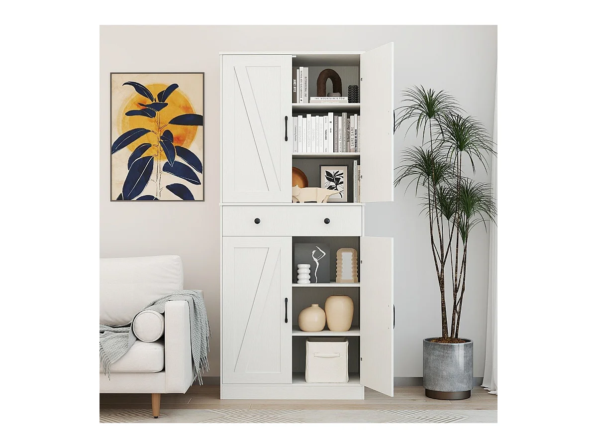 Hoch Küchenschrank mit 4 Türen & Schublade & 3 Verstellbaren Regalen Vorratsschrank Weiß