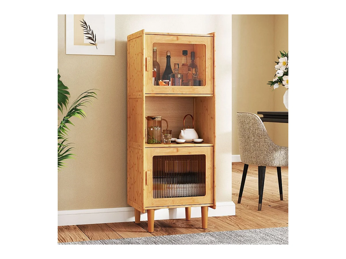 Mobile da cucina a 3 cubi con scomparto aperto 2 ante in acrilico, Mobile in bambù per Soggiorno Naturale