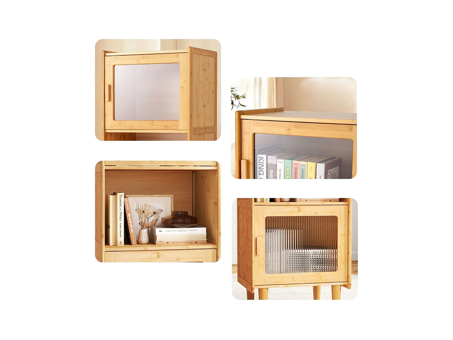 Mobile da cucina a 3 cubi con scomparto aperto 2 ante in acrilico, Mobile in bambù per Soggiorno Naturale