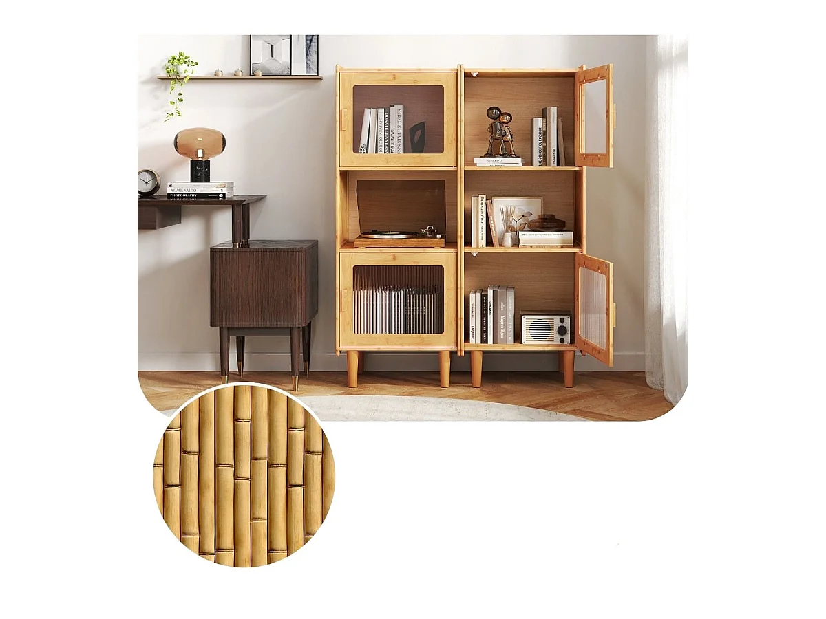 Mobile da cucina a 3 cubi con scomparto aperto 2 ante in acrilico, Mobile in bambù per Soggiorno Naturale