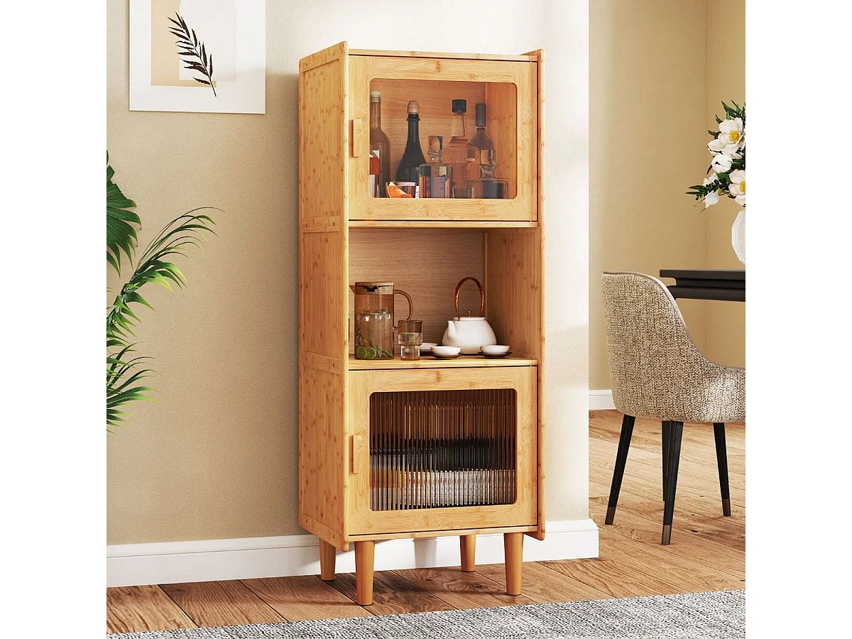 Mobile da cucina a 3 cubi con scomparto aperto 2 ante in acrilico, Mobile in bambù per Soggiorno Naturale