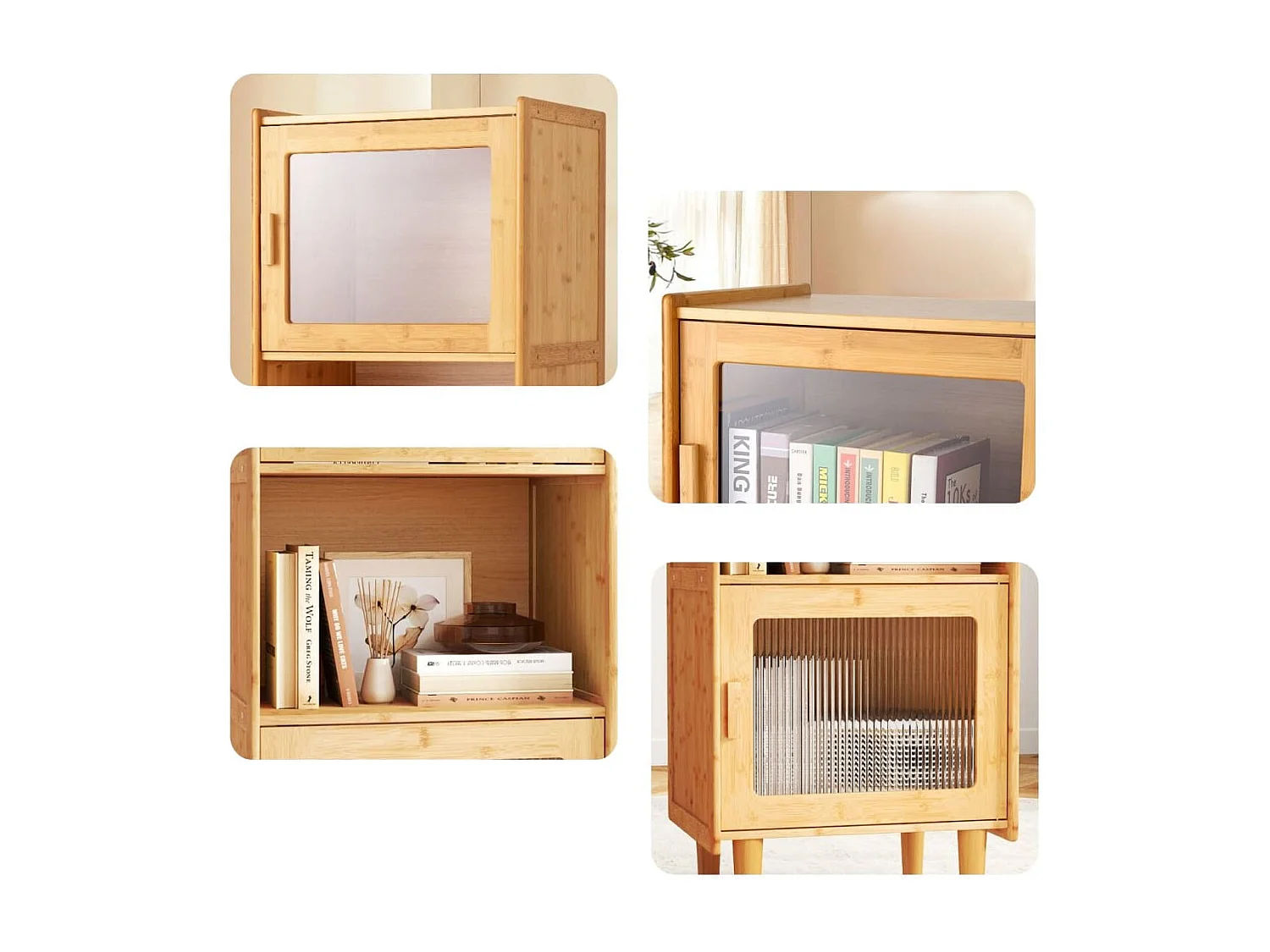 Mobile da cucina a 3 cubi con scomparto aperto 2 ante in acrilico, Mobile in bambù per Soggiorno Naturale