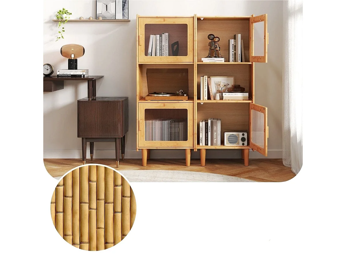 Mobile da cucina a 3 cubi con scomparto aperto 2 ante in acrilico, Mobile in bambù per Soggiorno Naturale