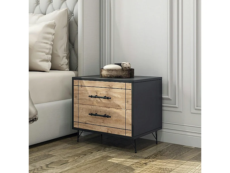 Chevet 2 tiroirs effet chêne, style industriel rustique MARFA