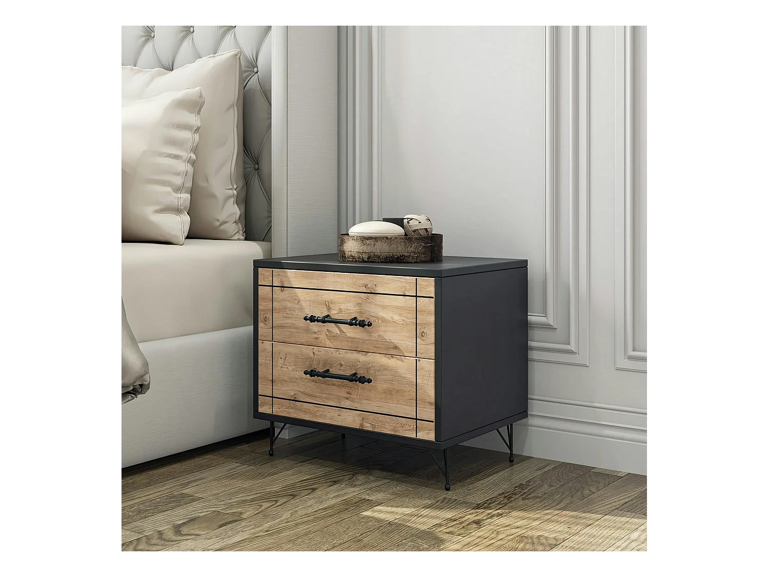Chevet 2 tiroirs effet chêne, style industriel rustique MARFA