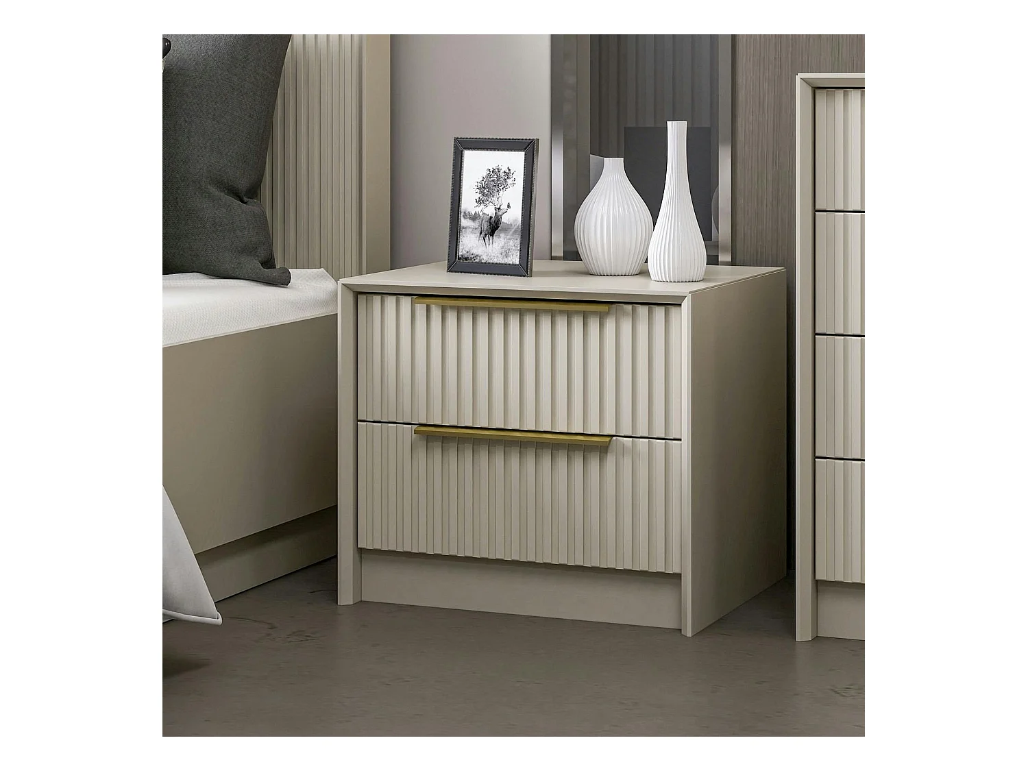 Table de chevet taupe 2 tiroirs rainurés, style moderne BYRON