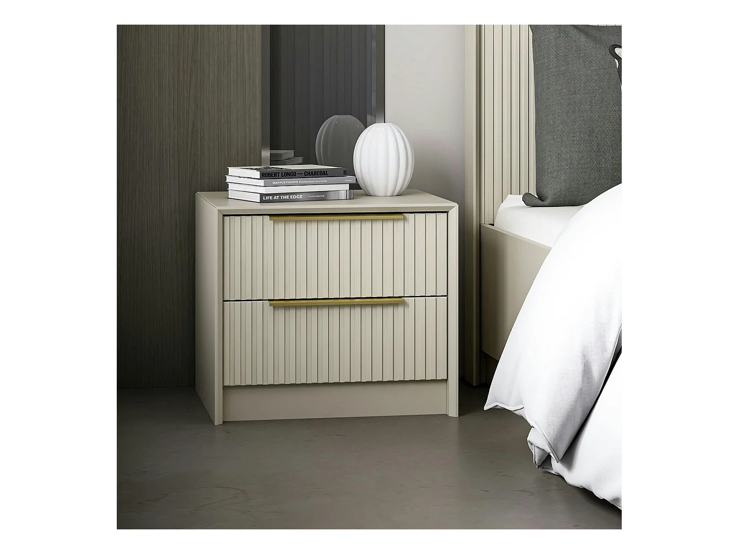 Table de chevet taupe 2 tiroirs rainurés, style moderne BYRON