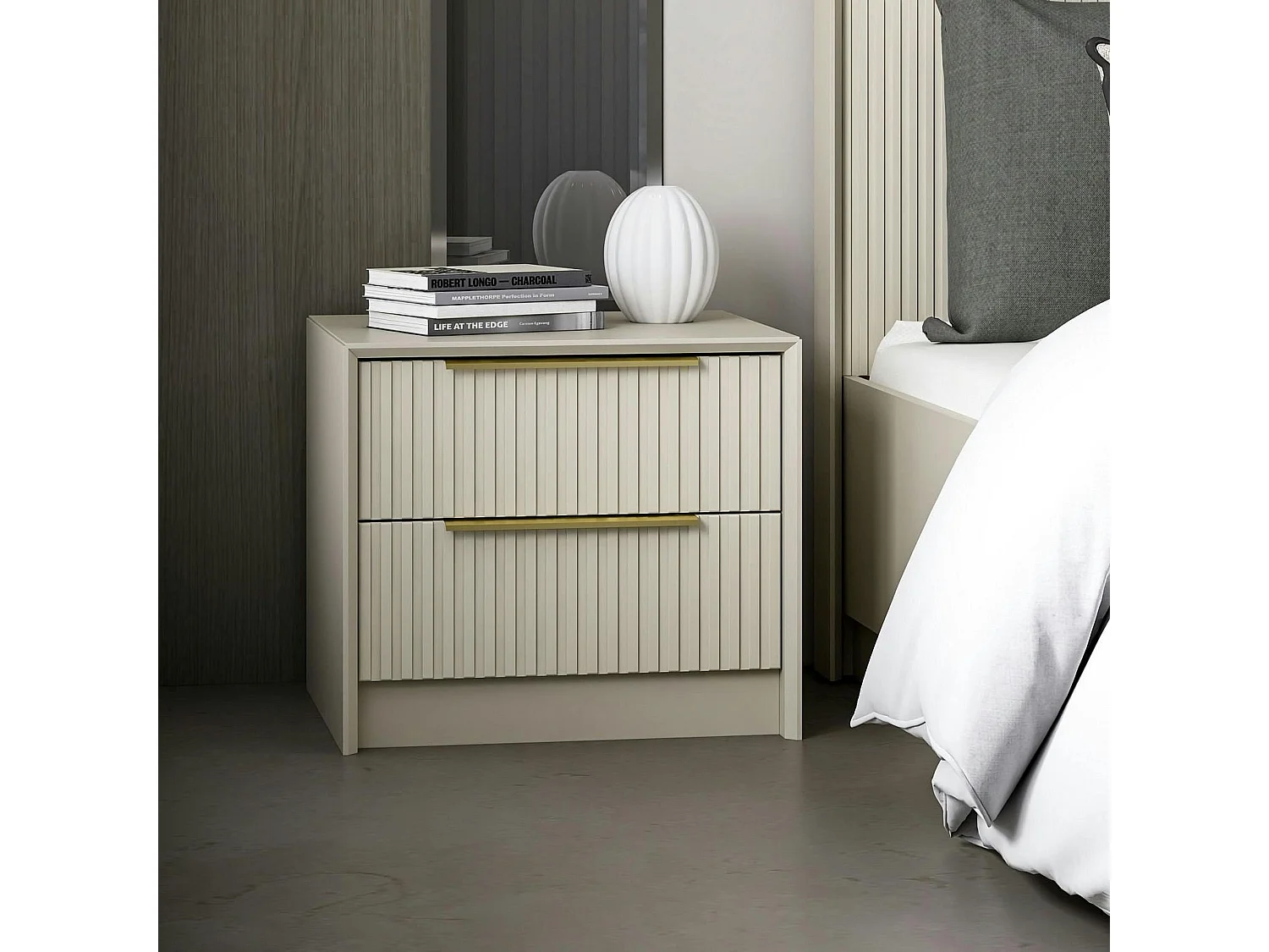 Table de chevet taupe 2 tiroirs rainurés, style moderne BYRON