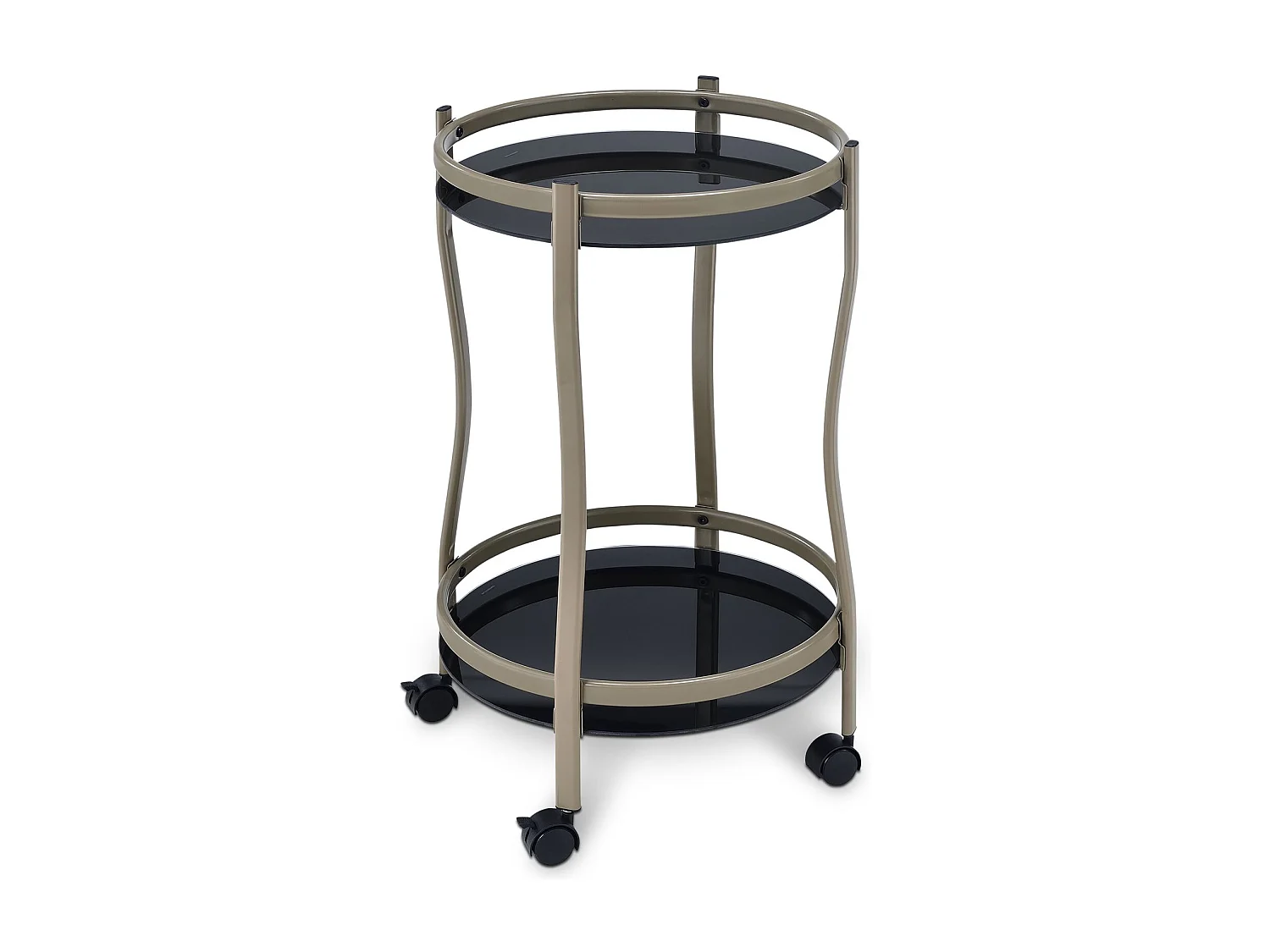 Chariot de service VEGA coloris champagne et noir table d'appoint ronde sur roulettes chariot à thé et boisson en métal