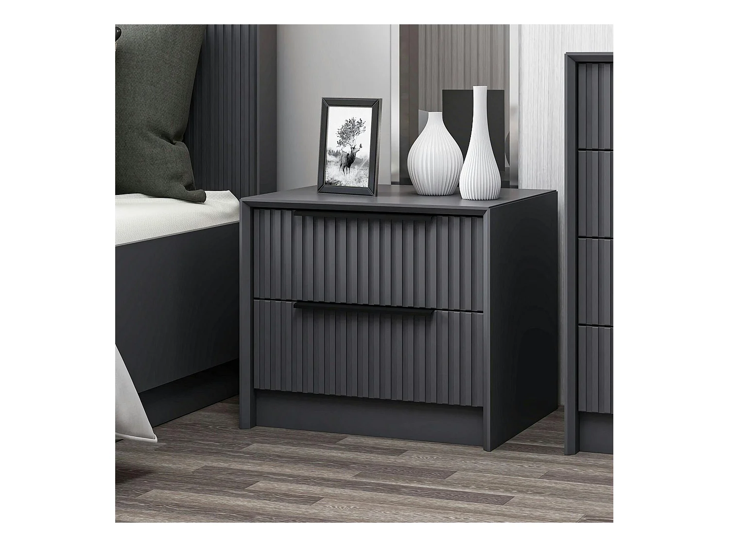 Table de chevet grise 2 tiroirs rainurés, style moderne BYRON