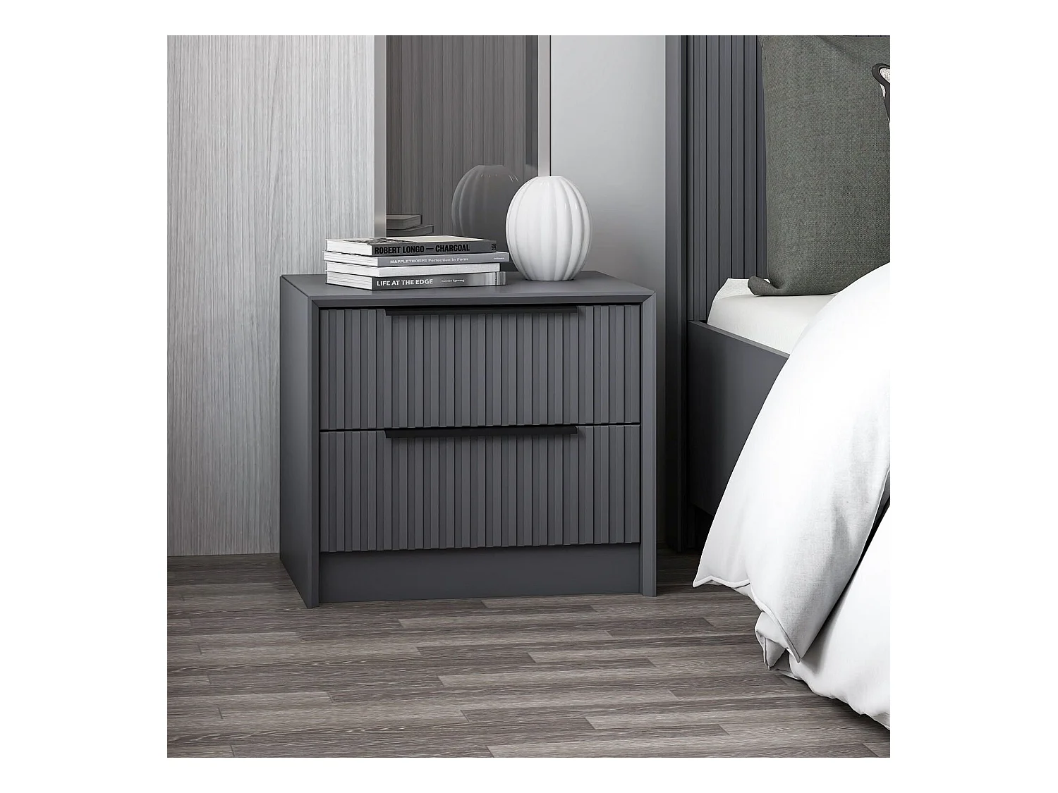 Table de chevet grise 2 tiroirs rainurés, style moderne BYRON