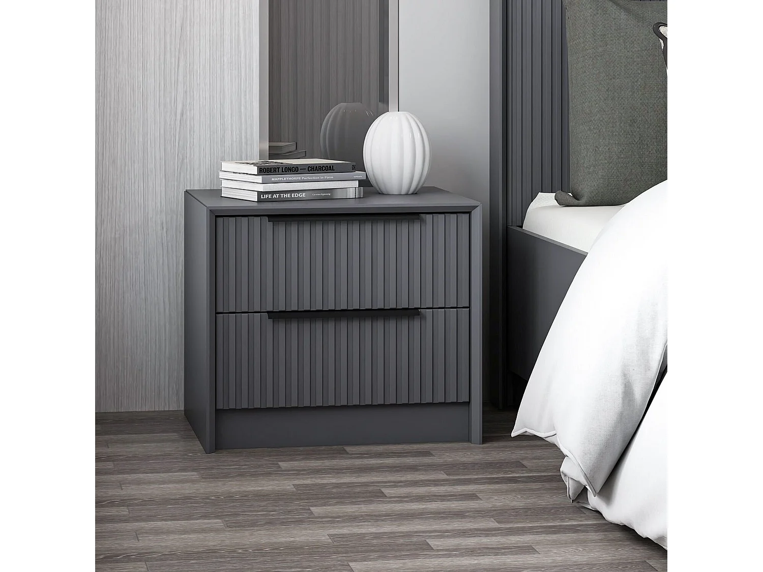 Table de chevet grise 2 tiroirs rainurés, style moderne BYRON