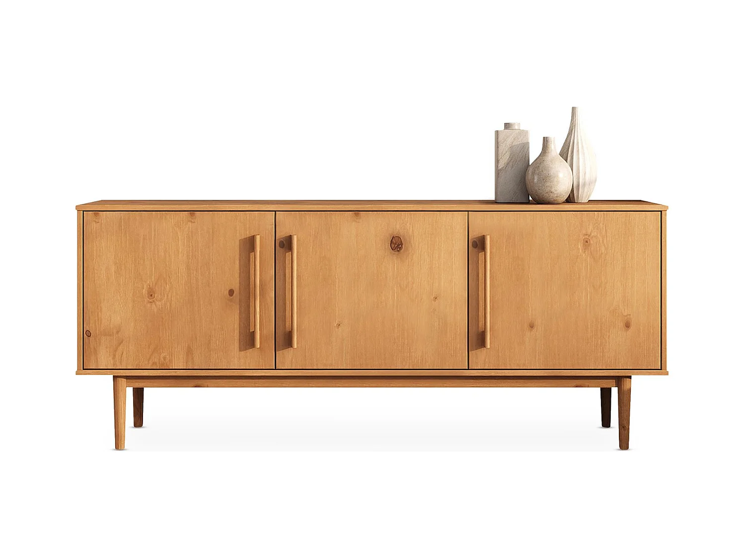 Buffet TECCA L 170 cm 3 Portes en Bois Massif Coloris Chêne avec Étagères Réglables, Deux compartiments