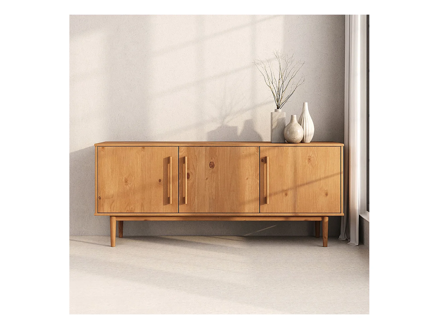 Buffet TECCA L 170 cm 3 Portes en Bois Massif Coloris Chêne avec Étagères Réglables, Deux compartiments