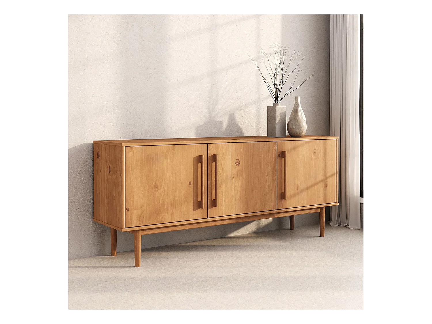 Buffet TECCA L 170 cm 3 Portes en Bois Massif Coloris Chêne avec Étagères Réglables, Deux compartiments