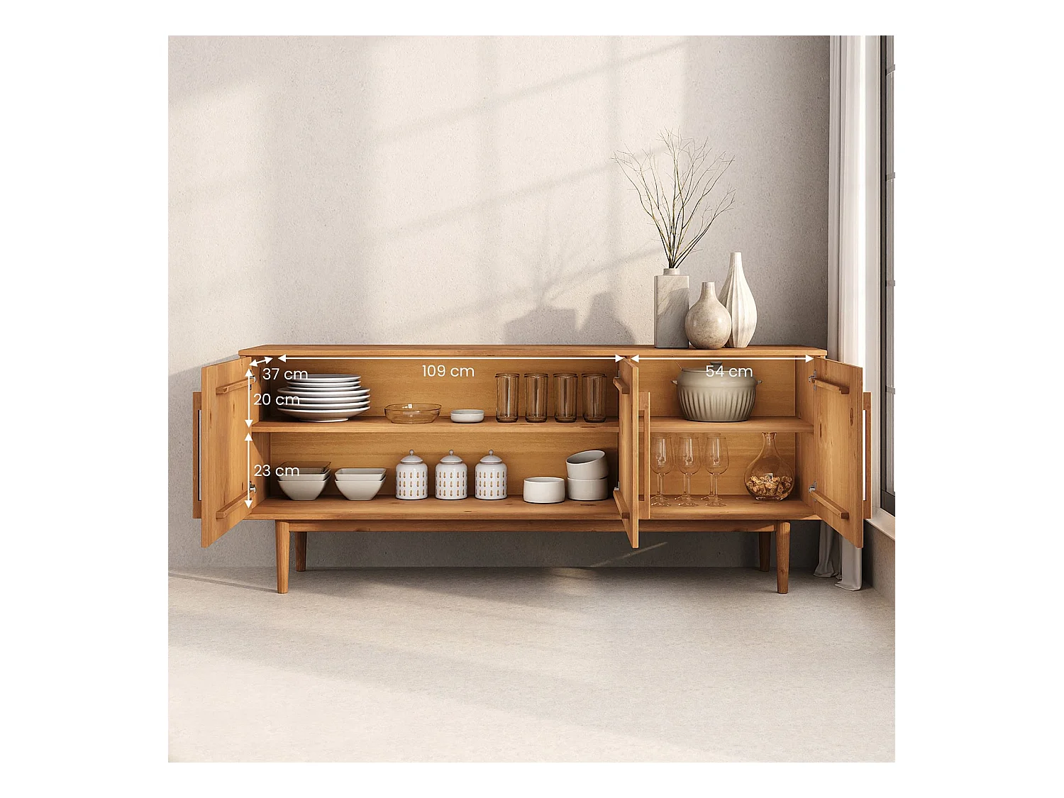 Buffet TECCA L 170 cm 3 Portes en Bois Massif Coloris Chêne avec Étagères Réglables, Deux compartiments