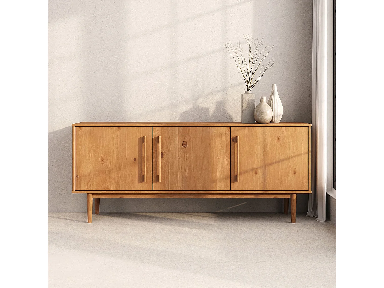 Buffet TECCA L 170 cm 3 Portes en Bois Massif Coloris Chêne avec Étagères Réglables, Deux compartiments