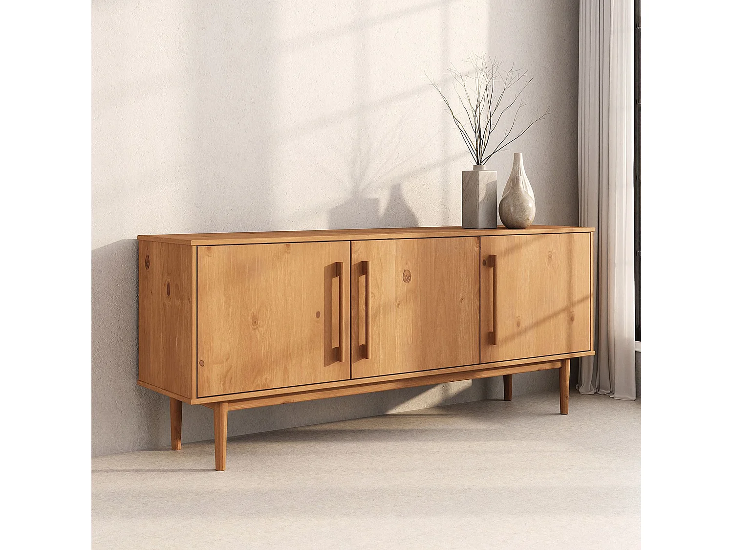 Buffet TECCA L 170 cm 3 Portes en Bois Massif Coloris Chêne avec Étagères Réglables, Deux compartiments