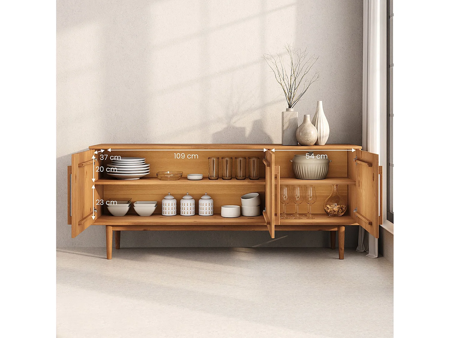 Buffet TECCA L 170 cm 3 Portes en Bois Massif Coloris Chêne avec Étagères Réglables, Deux compartiments