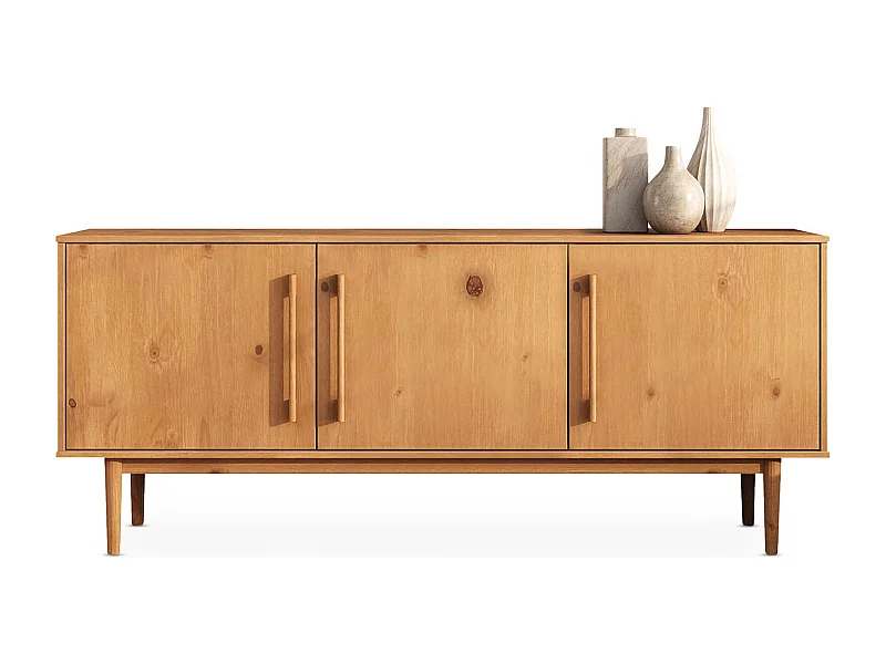 Buffet TECCA L 170 cm 3 Portes en Bois Massif Coloris Chêne avec Étagères Réglables, Deux compartiments