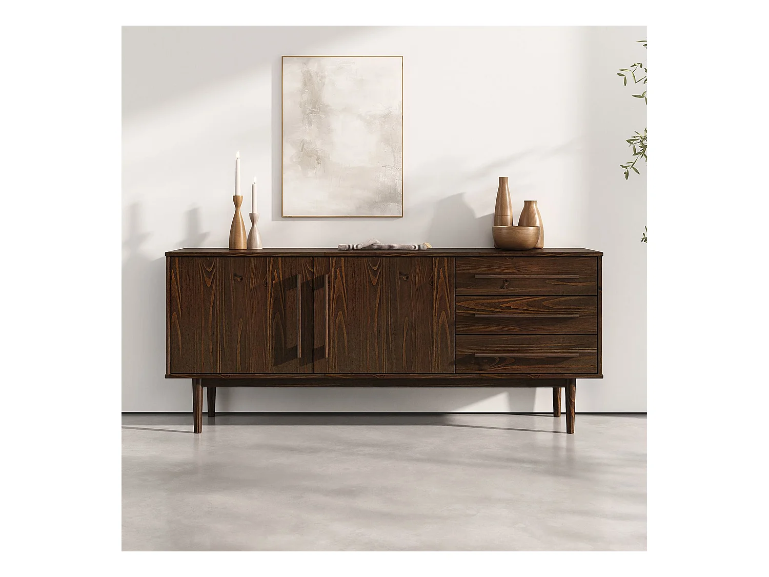 Buffet TECCA L 170 cm 2 Portes 3 Tiroirs en Bois Massif Coloris Noyer avec Étagères Réglables, Deux compartiments