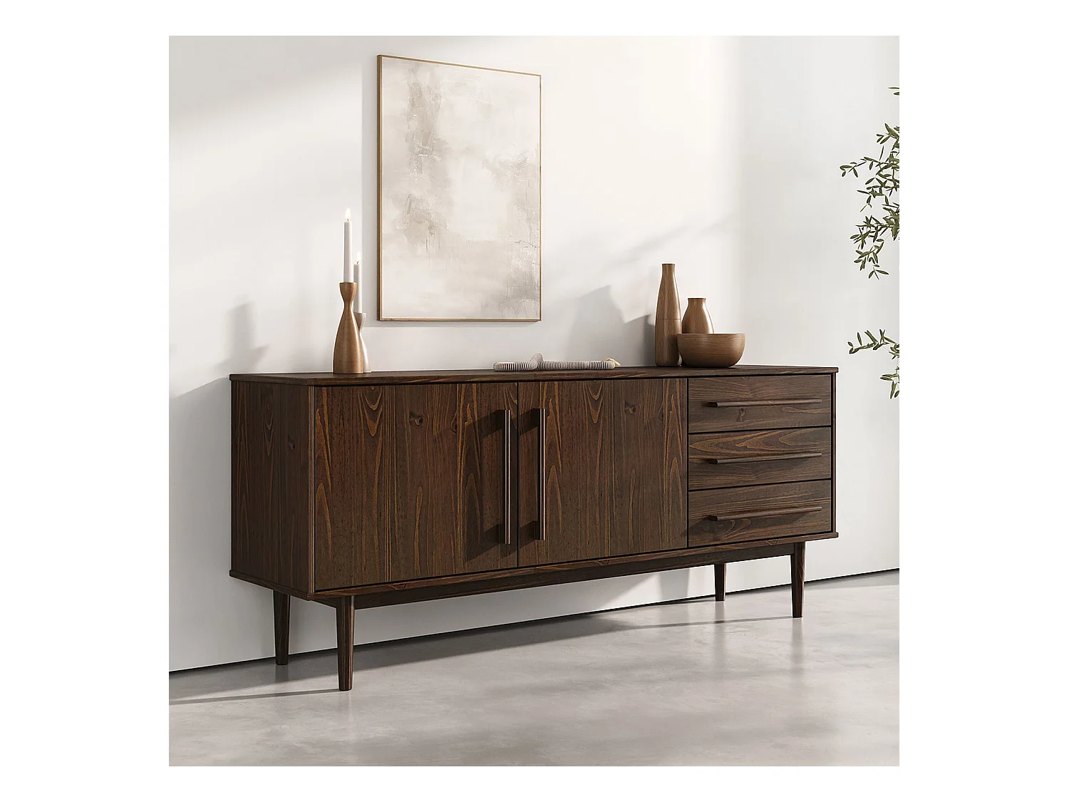 Buffet TECCA L 170 cm 2 Portes 3 Tiroirs en Bois Massif Coloris Noyer avec Étagères Réglables, Deux compartiments